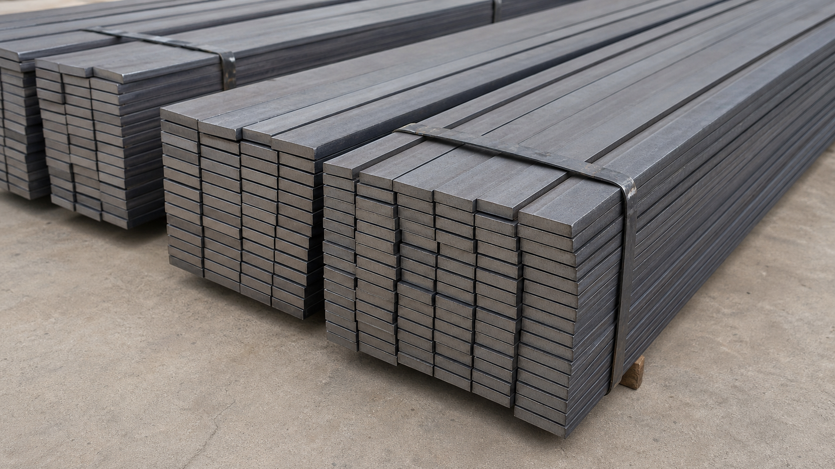 MS flat steel bars stacked for industrial supply